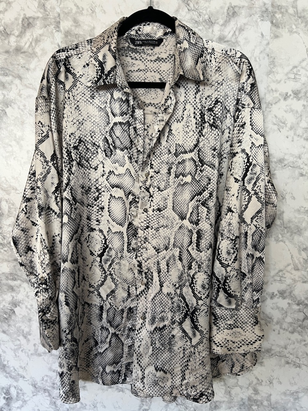 Zara Woman’s' Snake-Print Button-Down Shirt — Black & White Size XL